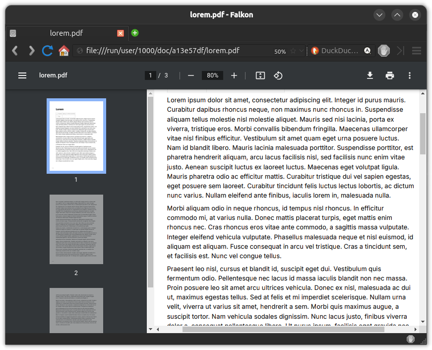 Built-in PDF reader in Falkon browser. A PDF File is opened and basic reading options like page list, zoom in and out, etc are supported.