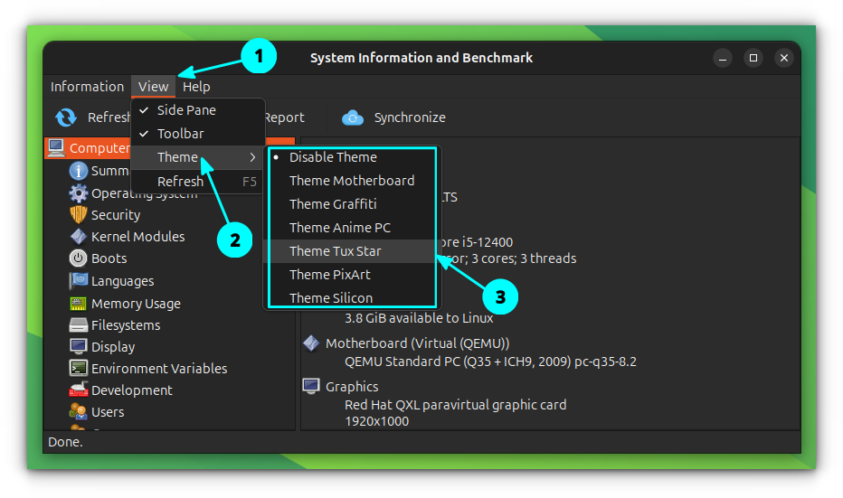 Change the appearance of Hardinfo2. Select a theme from View -> Theme