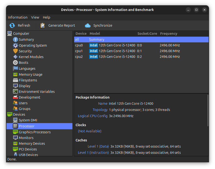 Processor information displayed using hardinfo2