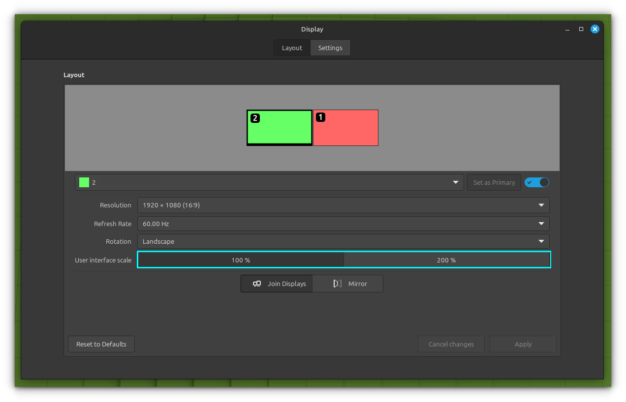 Setting scaling for multiple monitor in Linux Mint.