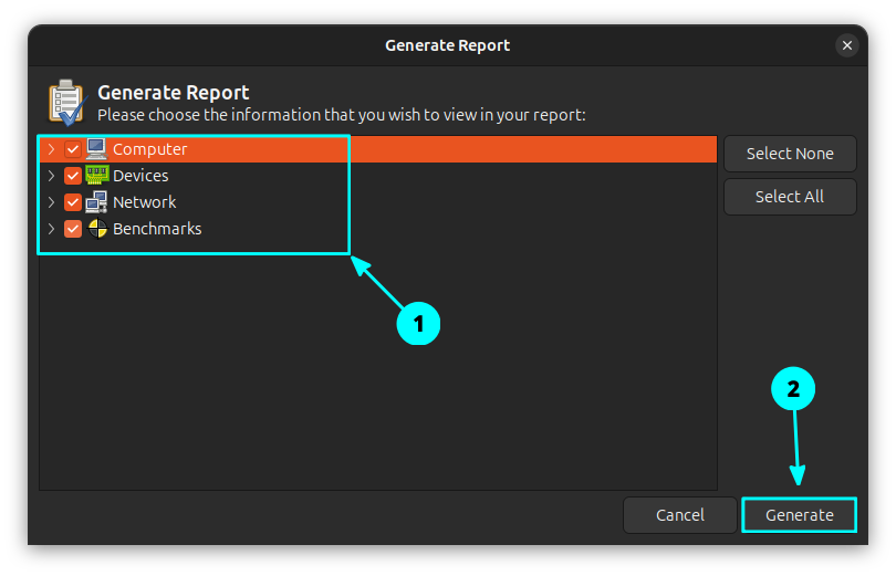 Select items to create report and click on Generate.