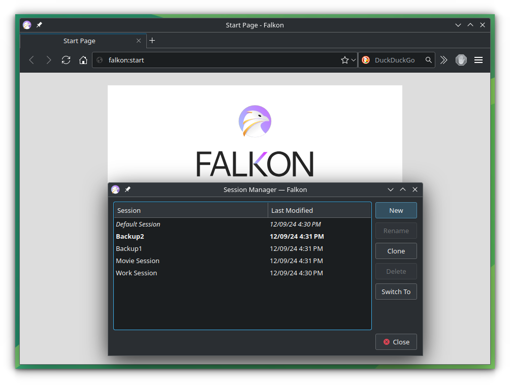 Session manager window in Falkon. You can access it from the main menu on Falkon browser.