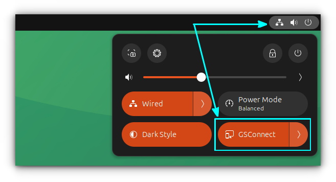 GSConnect extension is enabled. It is accessible from the GNOME system tray quick toggle items.