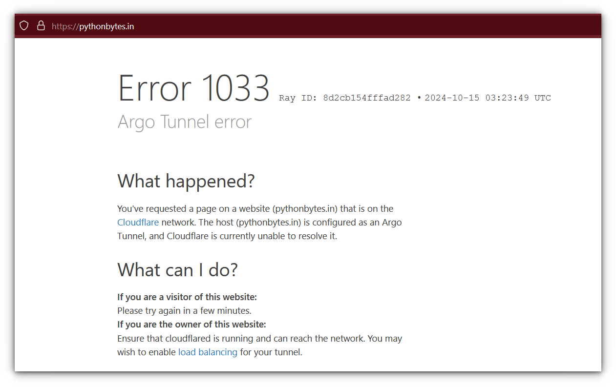 a screenshot of 1033 error for cloudflare tunnels using cloudflared cli tool