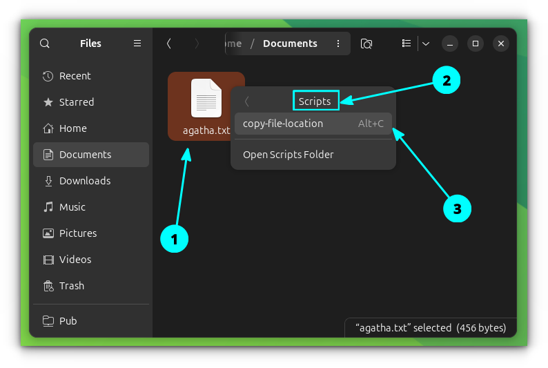 Right-click on the file of which you want to copy location. In the context menu, select the Script option and click on the name of the script.