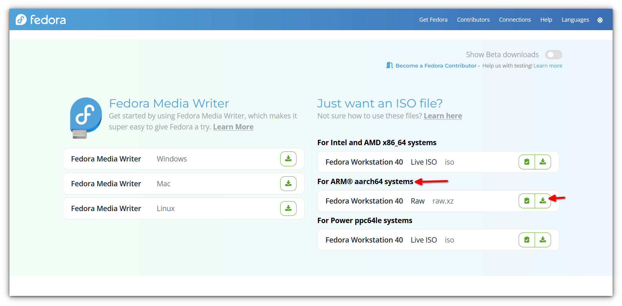 A screenshot of downloading the fedora ARM ISO file from the official website