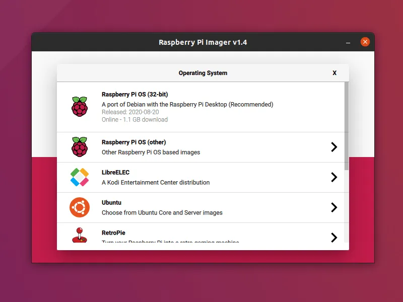 Choosing OS in Raspberry Pi Imager tool