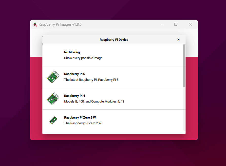 rpi-imager choose device menu