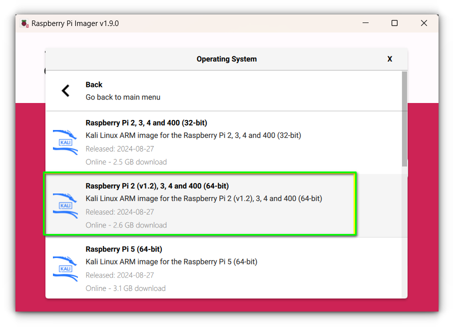 Raspberry Pi Imager installing Kali Linux