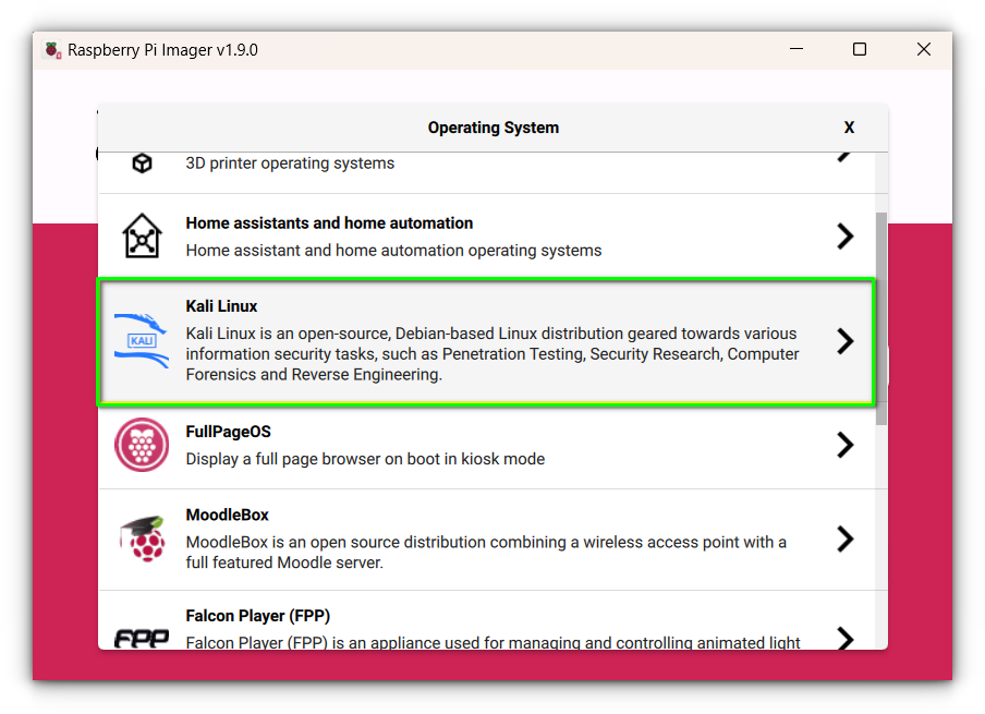 Raspberry Pi Imager installing Kali Linux