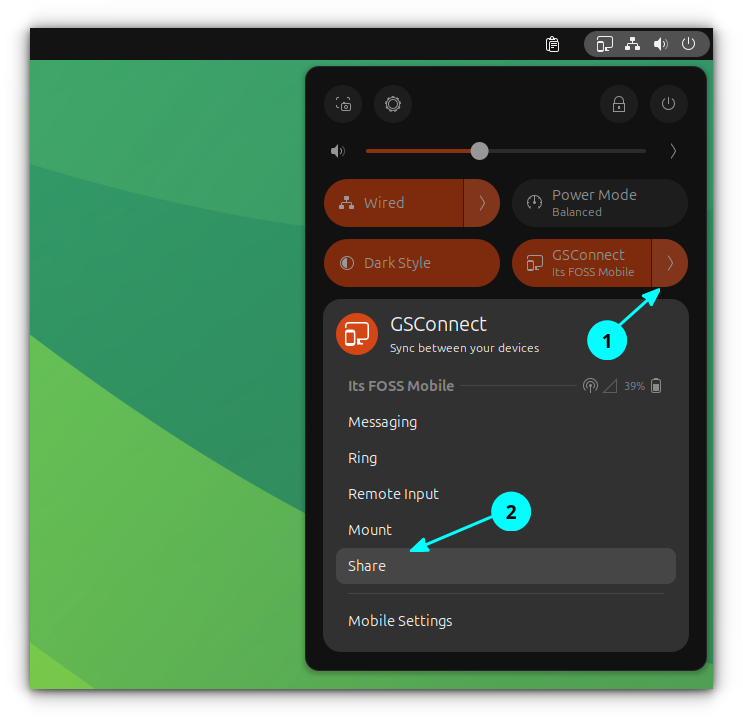 Select Share option from System Tray