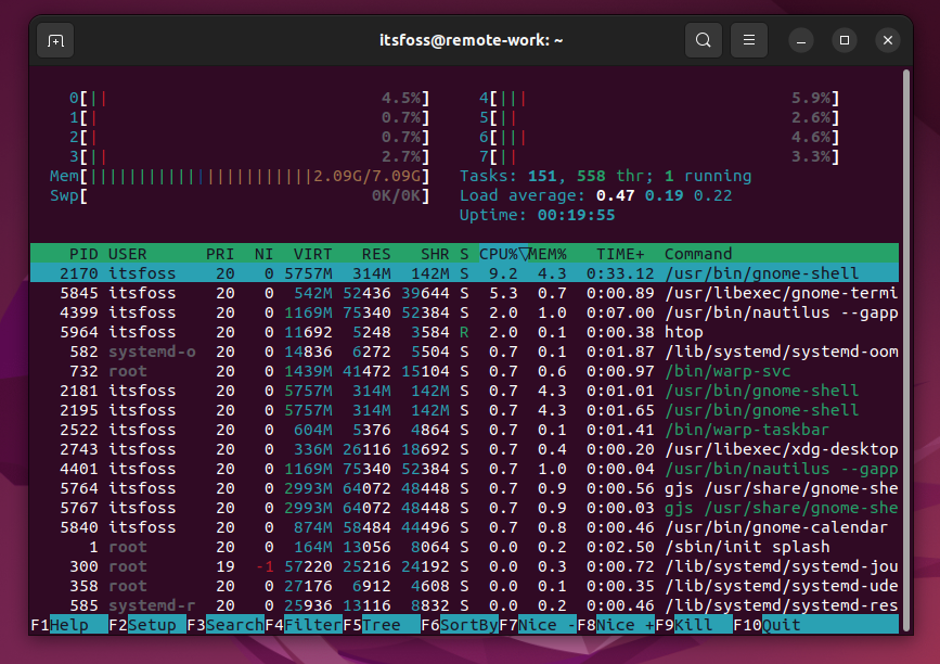 htop running in Linux terminal