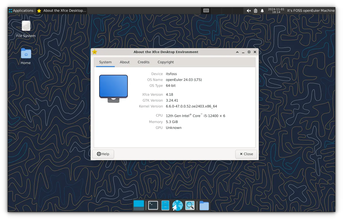 Active Xfce session with about system window opened.