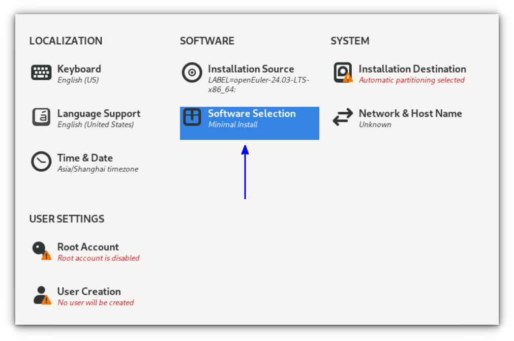 Click on software selection to select more installation choices.