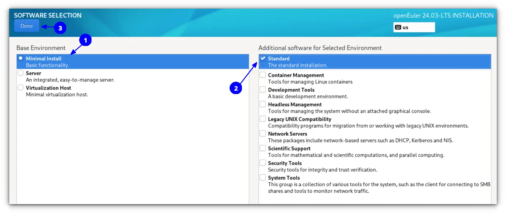 Select Minimal install and select the standard option.