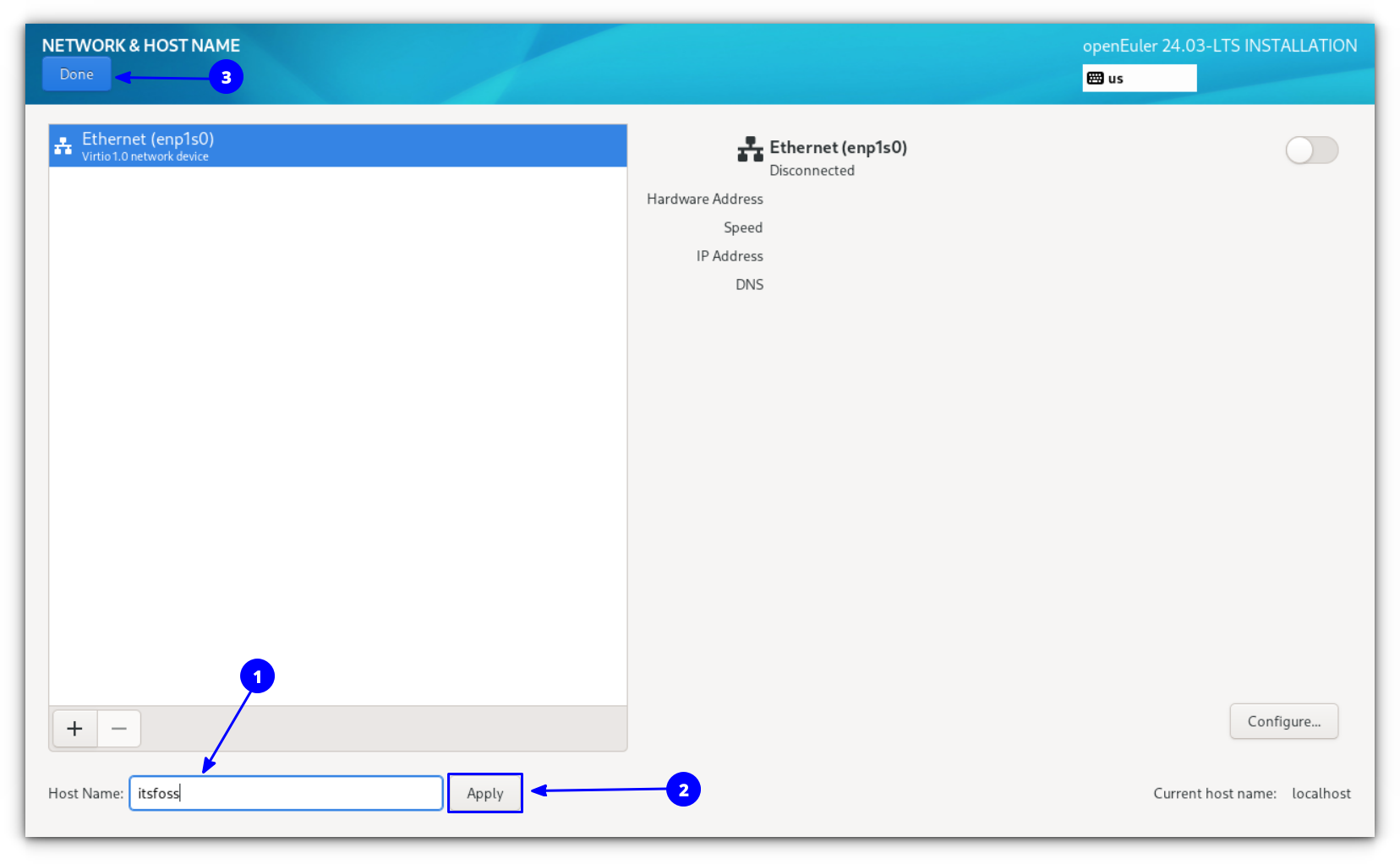 Set a hostname. No need to enable the Network button in the right side, if you are using the installation media.