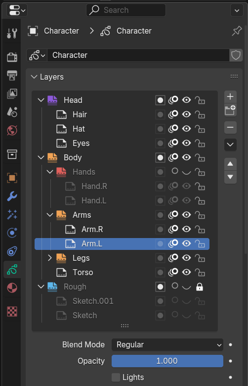 a screenshot of blender 4.3 new layer groups feature in action