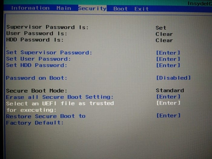 boot options security menu