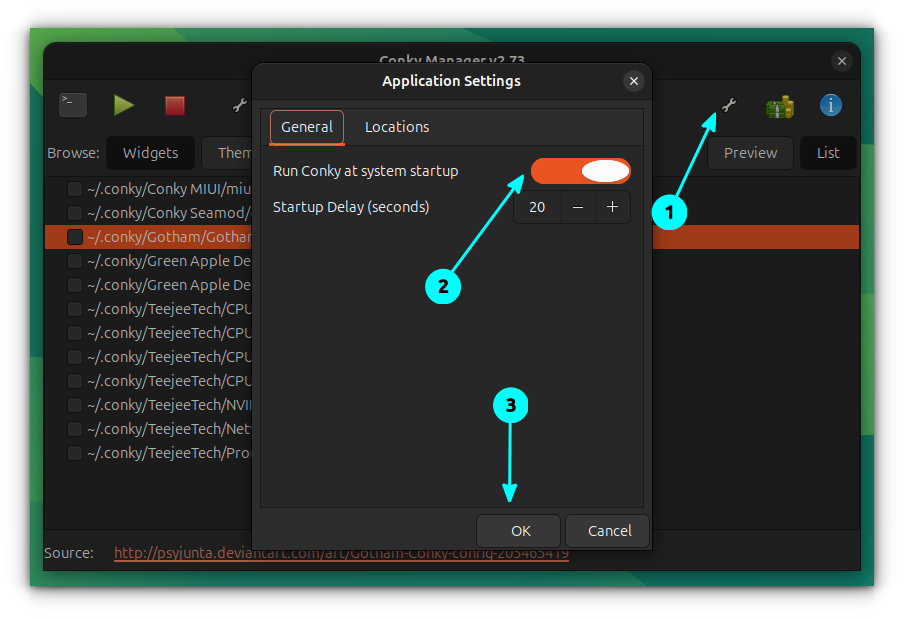 Autostart Conky using the respective toggle button in Conky manager settings.