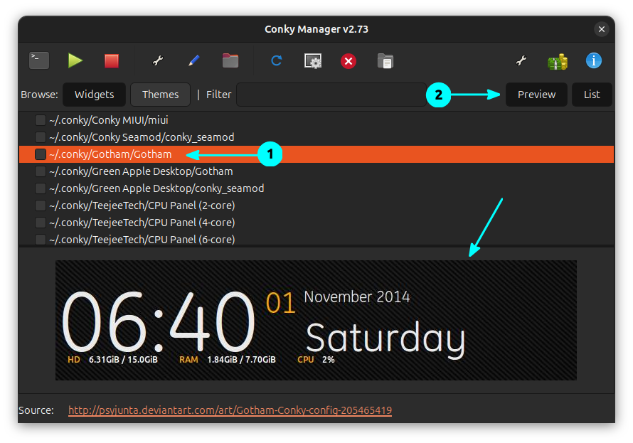Conky Manager app home screen. Click on Preview to get the preview of a Conky theme without applying it to your desktop.