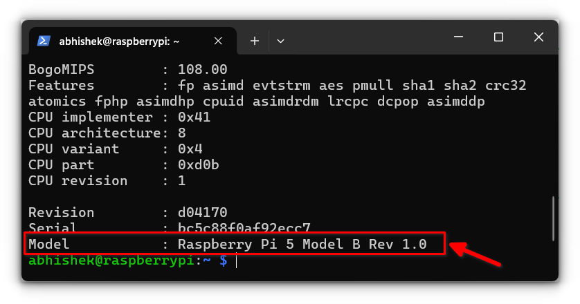 using the cpuinfo command which also prints out the model name of the board