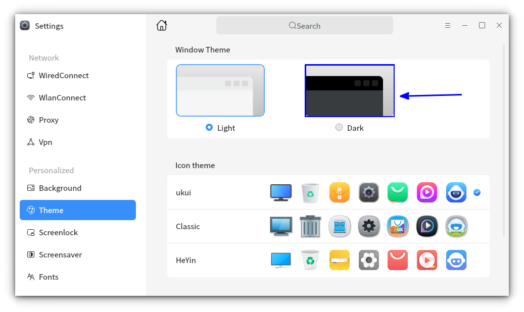 Set the dark mode in UKUI settings window. You can find this setting in the Themes tab of system settigs app.