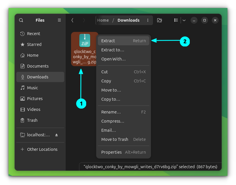 Extract the downloaded "qclocktwo" archive file using Nautilus file manager right-click menu.