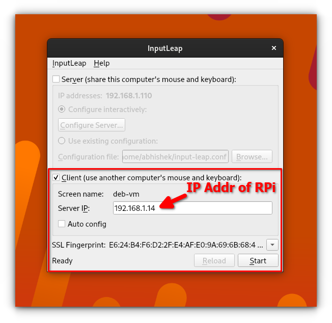 adding the ip address of the server to the client input-leap menu