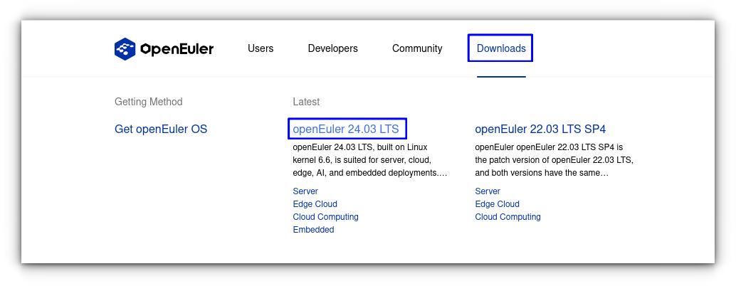On the official website of openEuler, hover over the Downloads button to select a version to download.