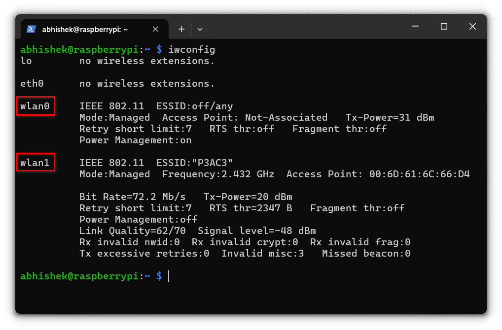 a screenshot for the iwconfig output in the terminal