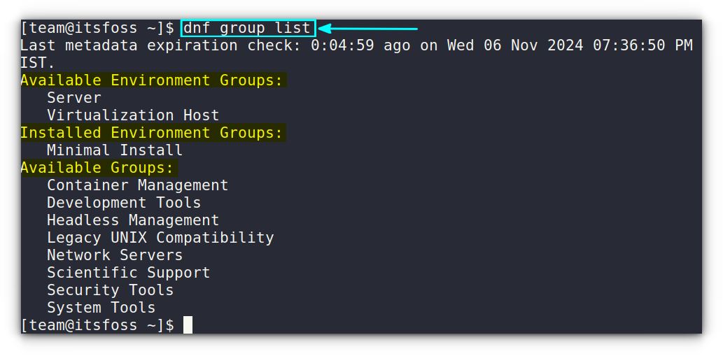 List the installed and available groups in openEuler. We use the dnf group list command.