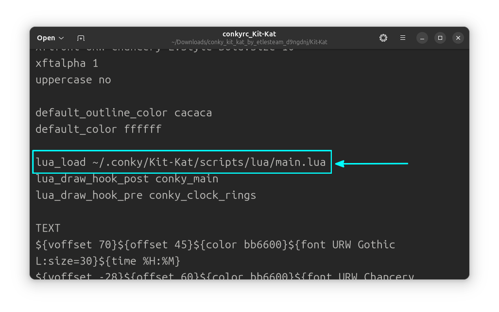The "lua_load" line in the Conky lua script, opened in GNOME Text Editor.