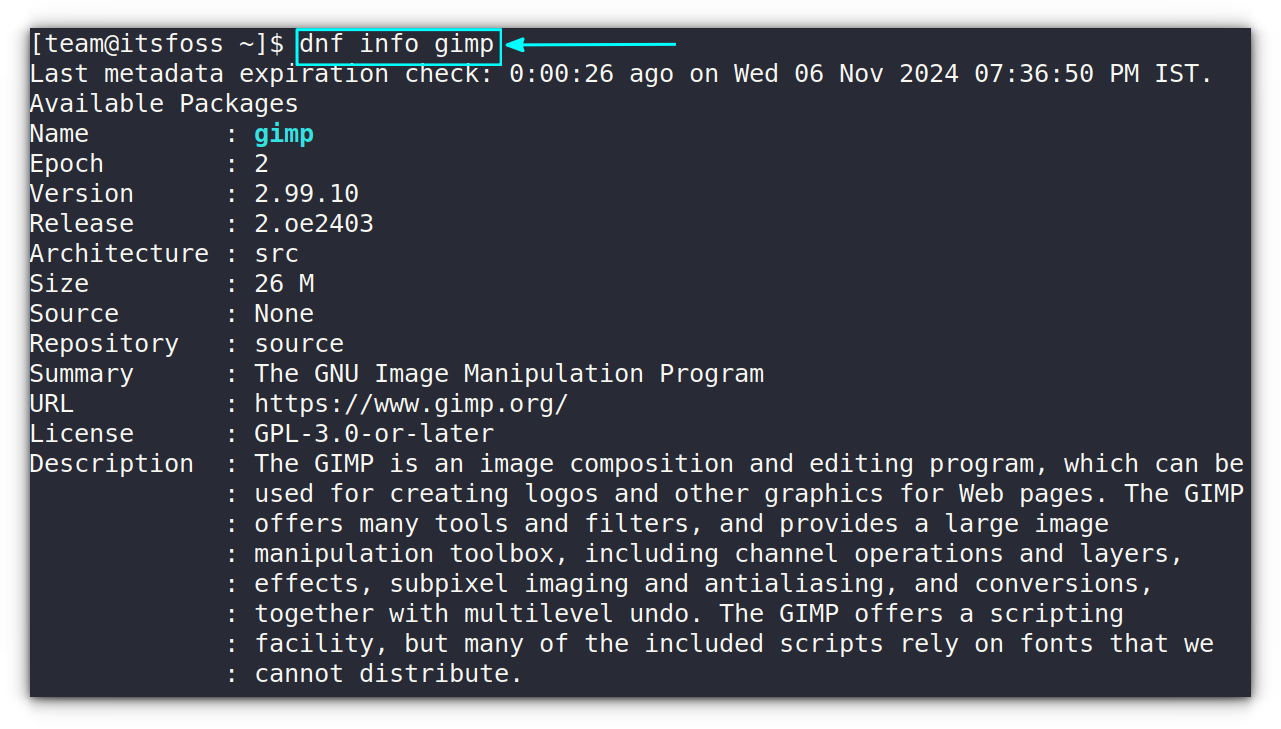 Information about a package is shown using the dnf info command. Here, information about the gimp package is displayed.