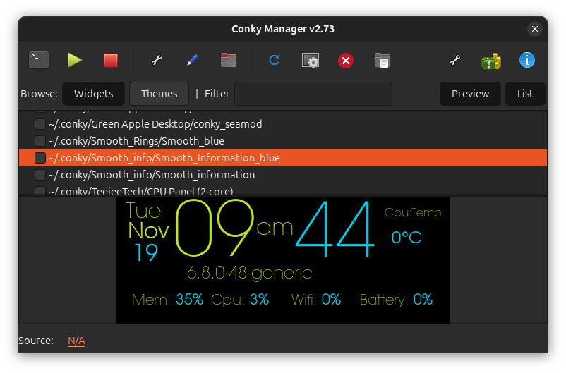 A preview is generated for a third-party Conky theme in Conky Manager 2 Application.