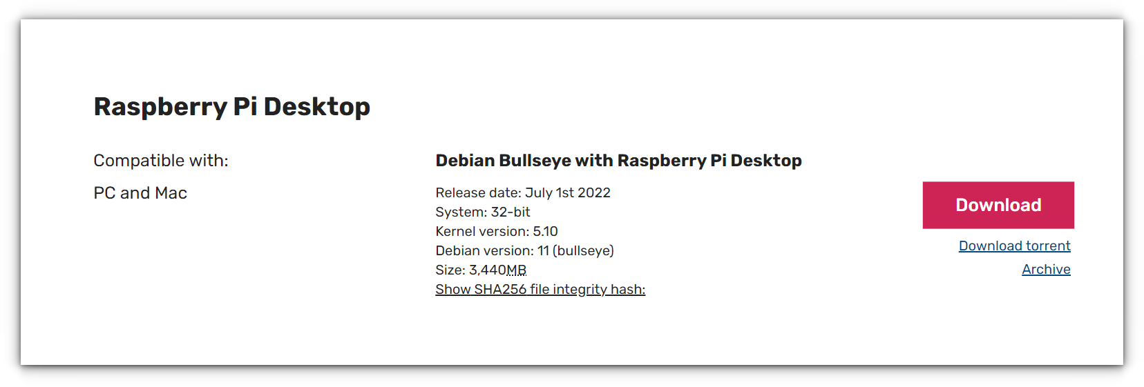 download page for raspberry pi os desktop