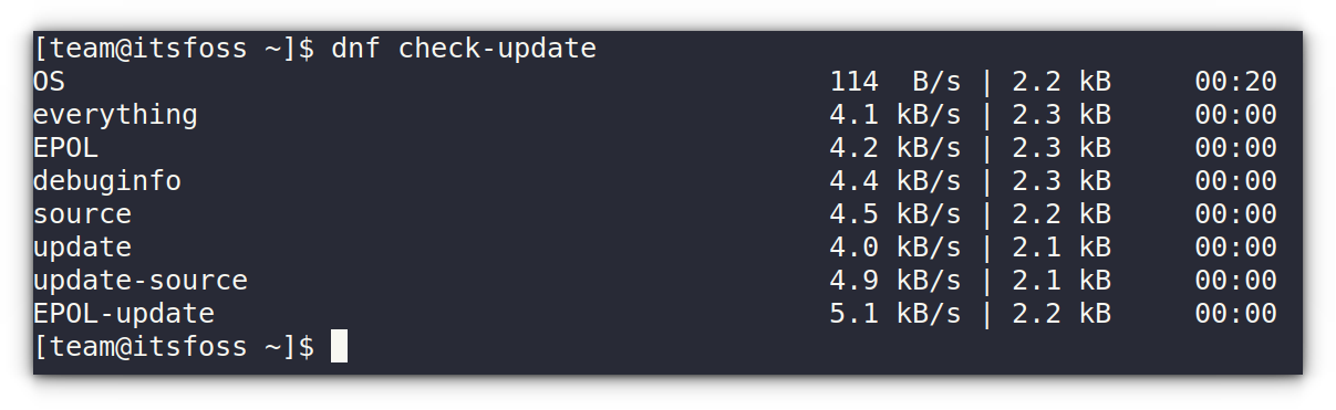 Update checking in DNF using the check-update command. This will print if any possible package update is available.