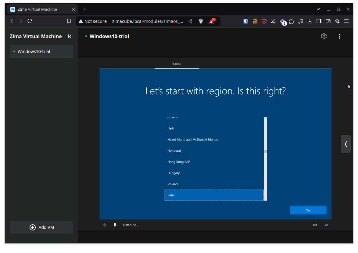 Windows running inside VM in ZimaOS