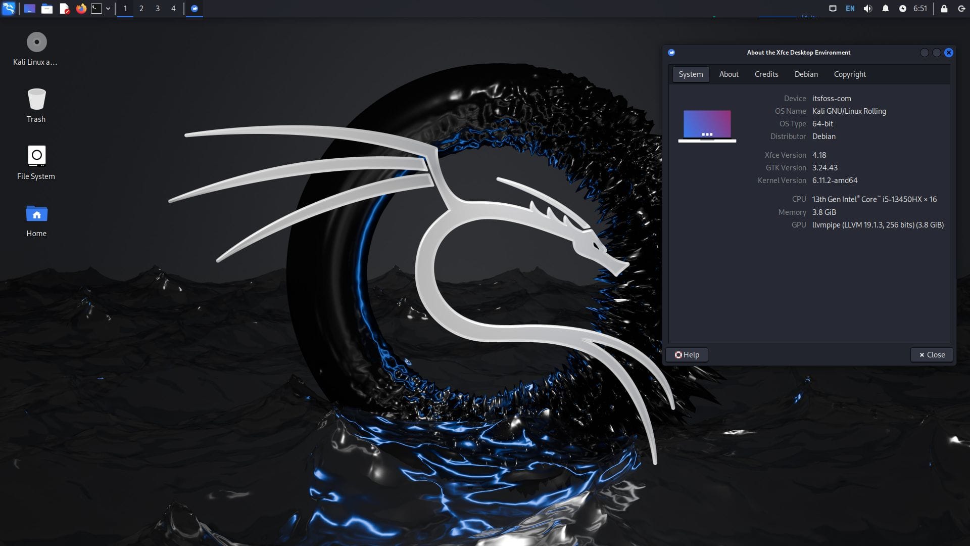 a screenshot of kali linux 2024.4 with the xfce 4.18 about dialog open