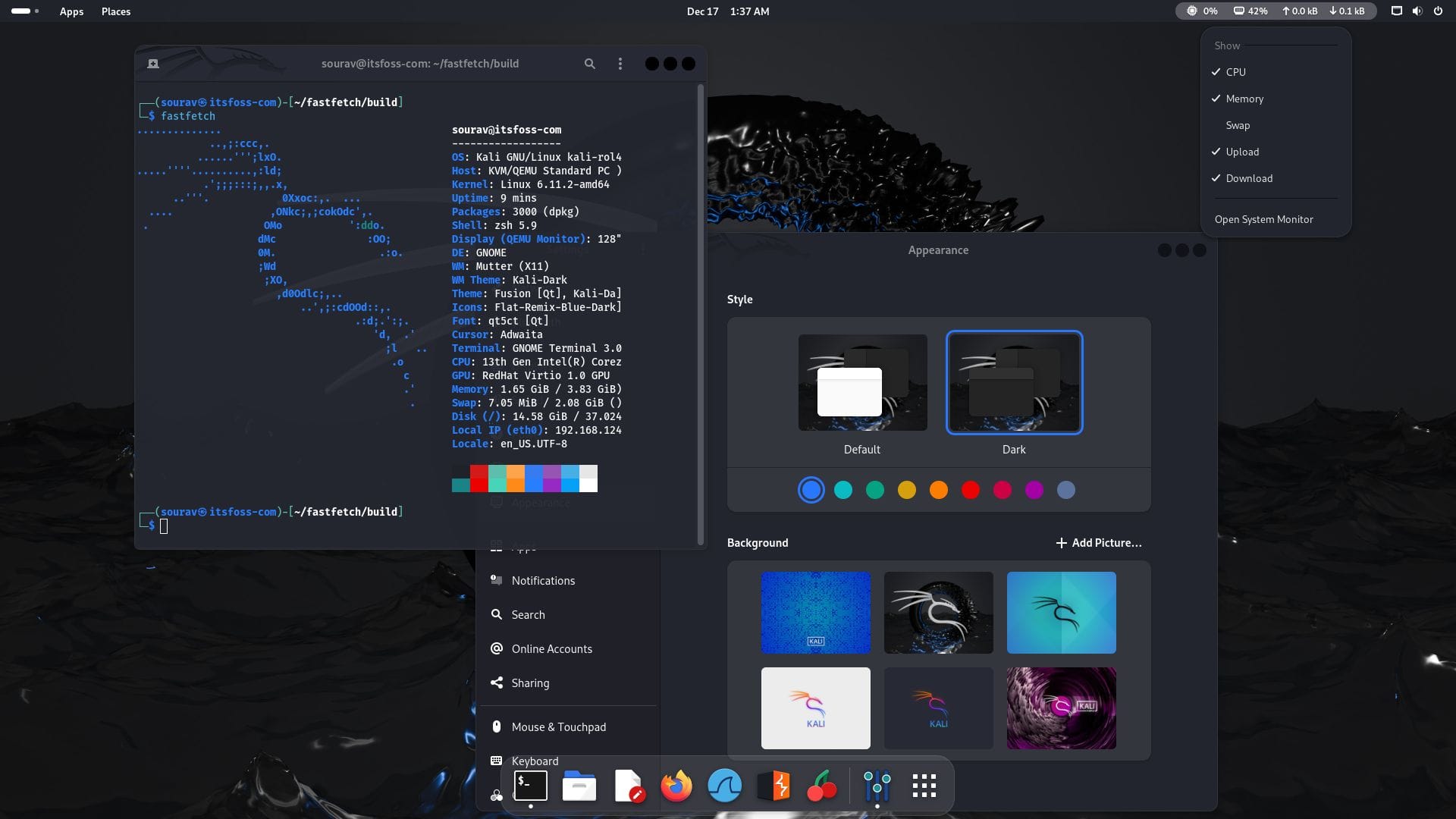 a screenshot of kali linux 2024.4 gnome session with a fastfetch output, the appearance settings and the new system monitor panel extension open