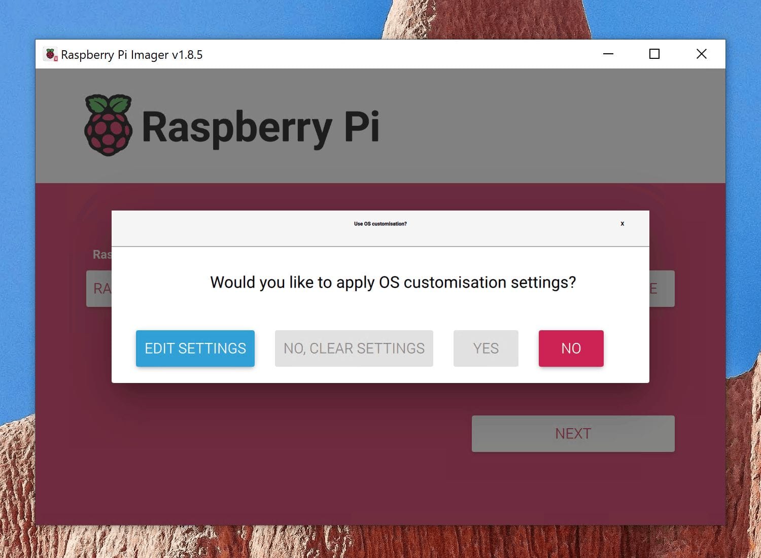 a screenshot of raspberry pi imager v1.8.5 showing the apply os customization settings dialog for kali linux images