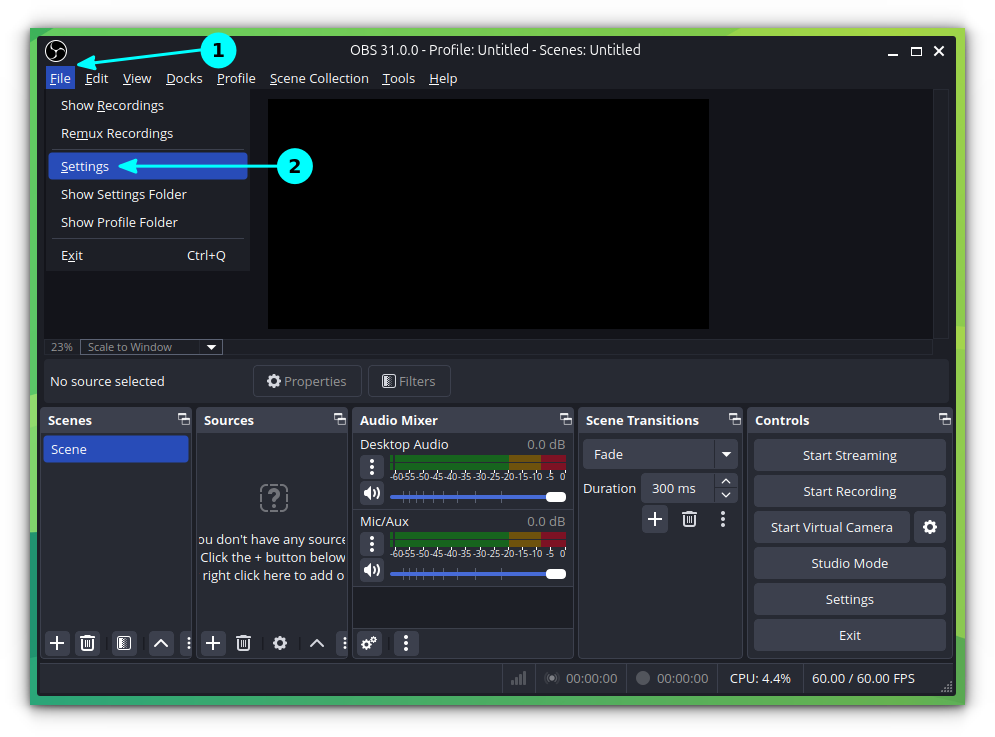 Click on File in the OBS Studio main menu. Here, select Settings.