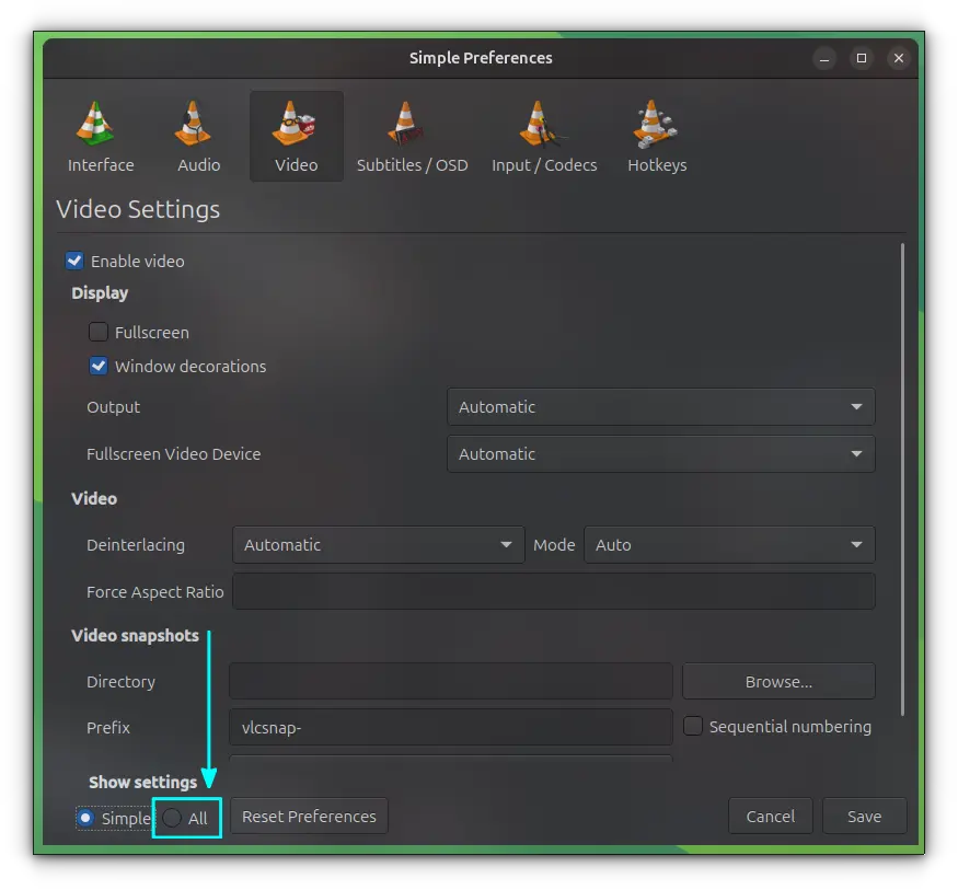 All settings in VLC preferences.