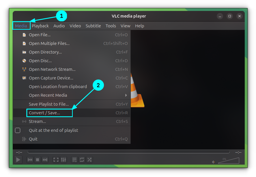 Select Convert from VLC main menu Media entry.