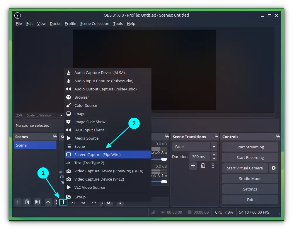 Click on the plus button to add a new source in OBS Studio. From the resulting menu, select Screen Capture/Display Capture option.