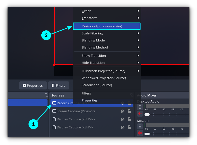 Right-click on the source and select "Resize Output (Source Size)" option.