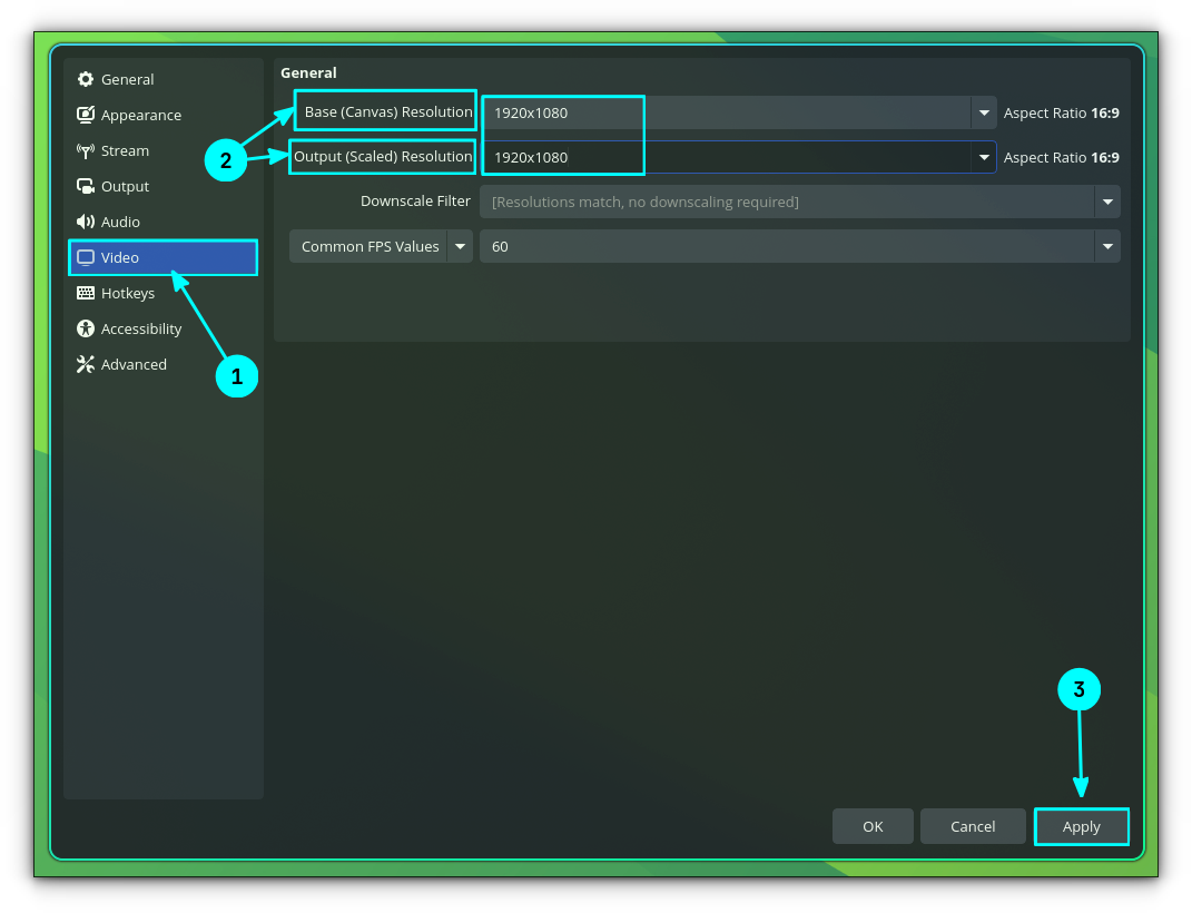 Revert the base canvas and output scale resolution to normal values.