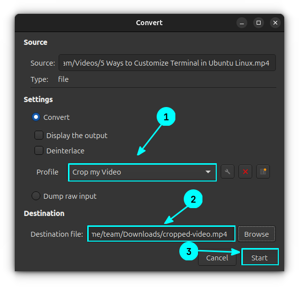 [Select the crop filter we have created and also add a destination file name. Once done, click on the start button to start the conversion process.