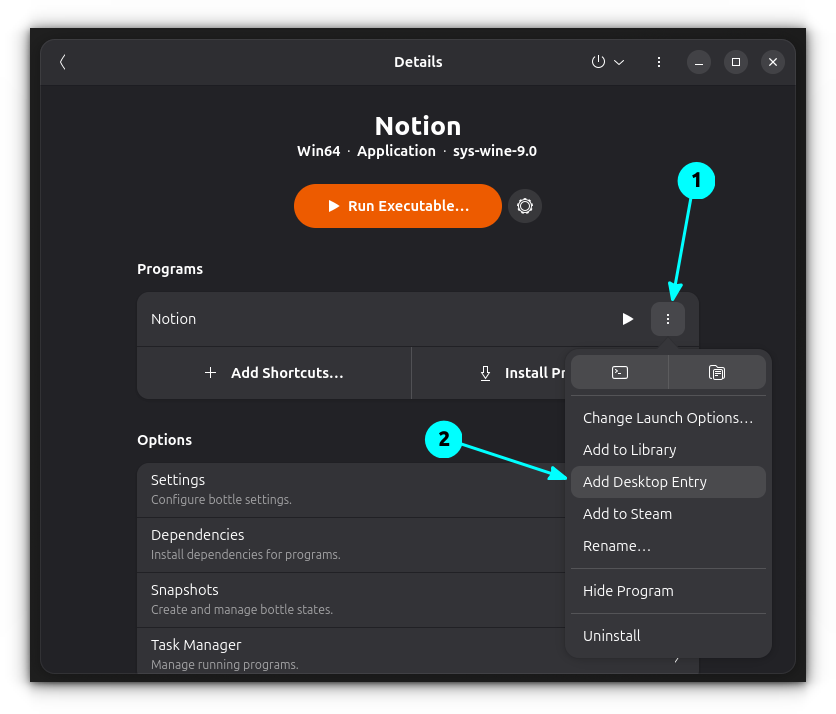 Add a dekstop entry to Notion using the Bottles app.