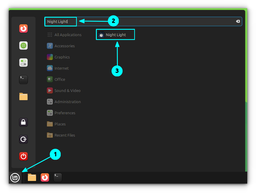 Click on the start menu and search for "Night Light". Enter to open the night-light settings for Linux Mint