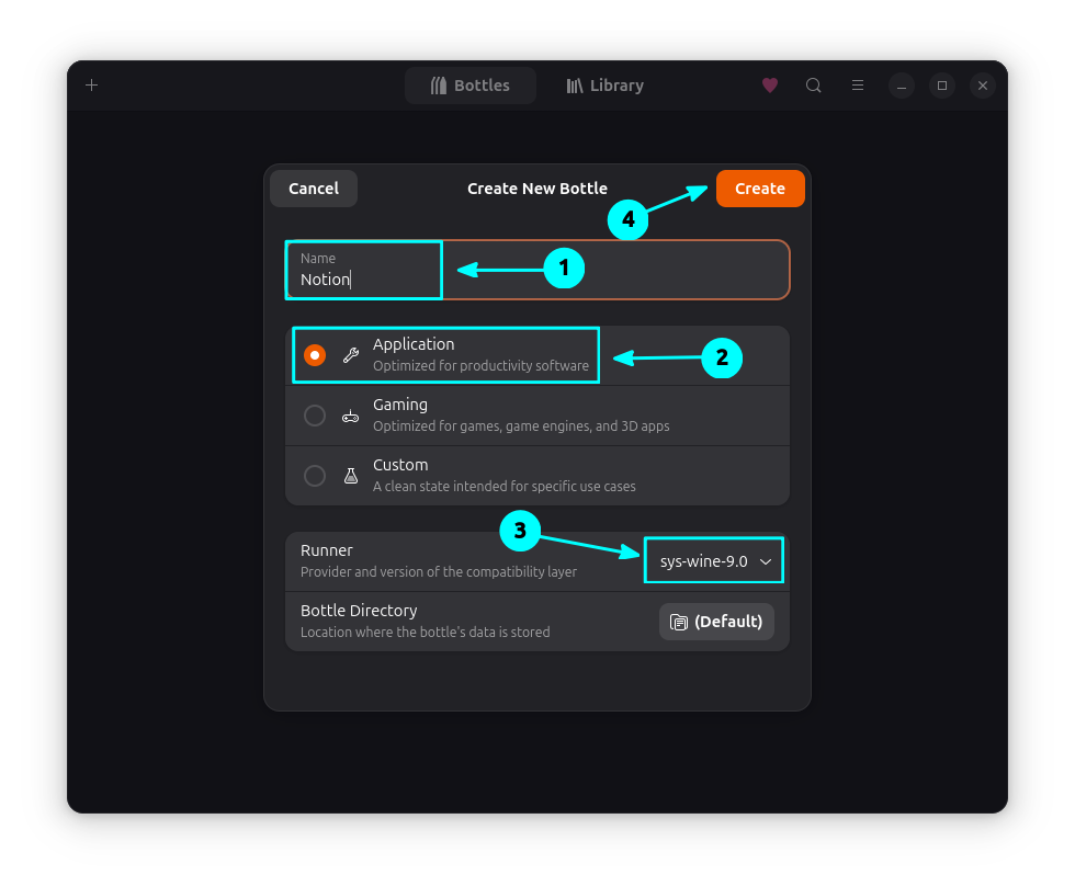 Create a new Notion bottle with Application environment and sys-wine runner